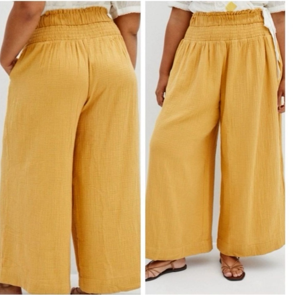 Anthropologie Daily Practice Wide Leg Smocked High Waist Gauze Pant Yellow Boho